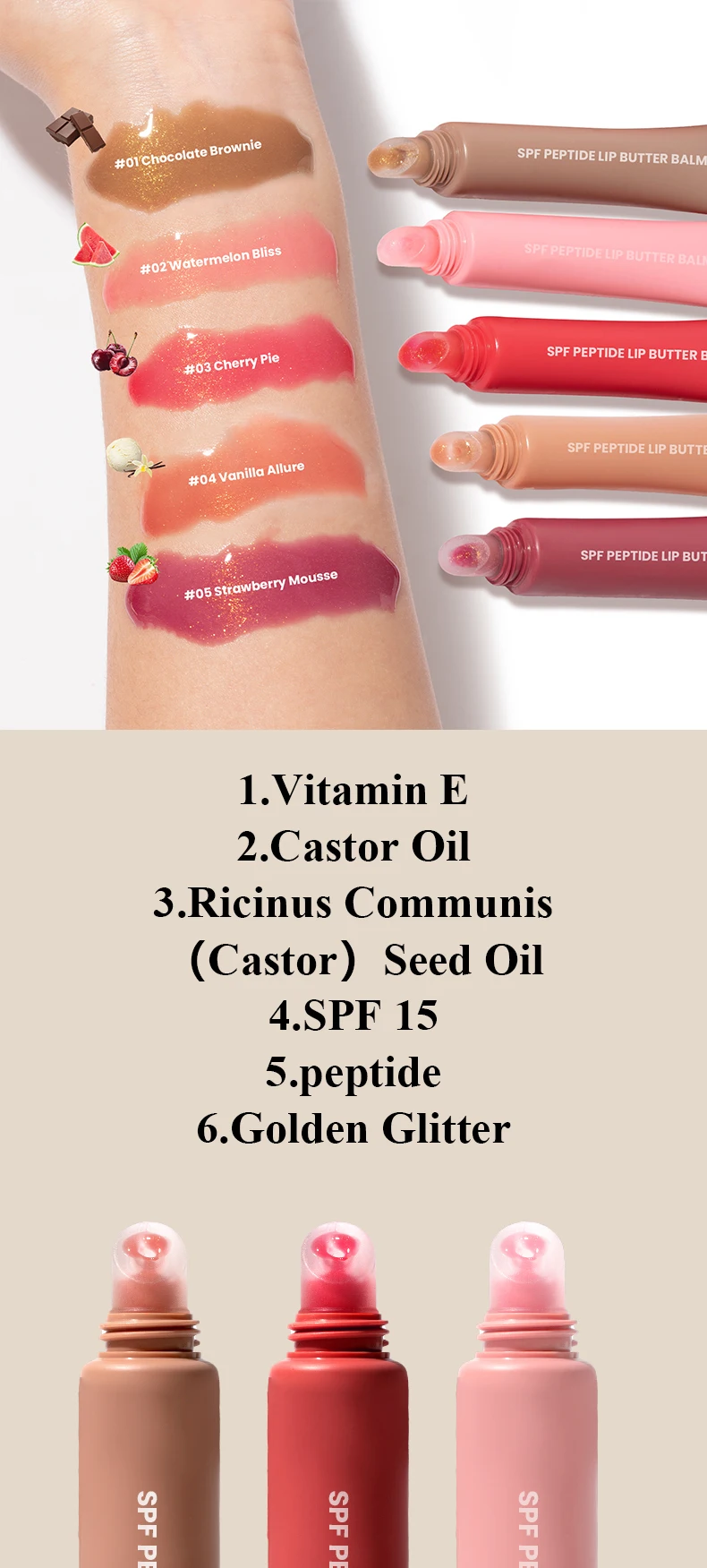 Custom Peptide Lip Gloss with clear gel and shimmer formula.