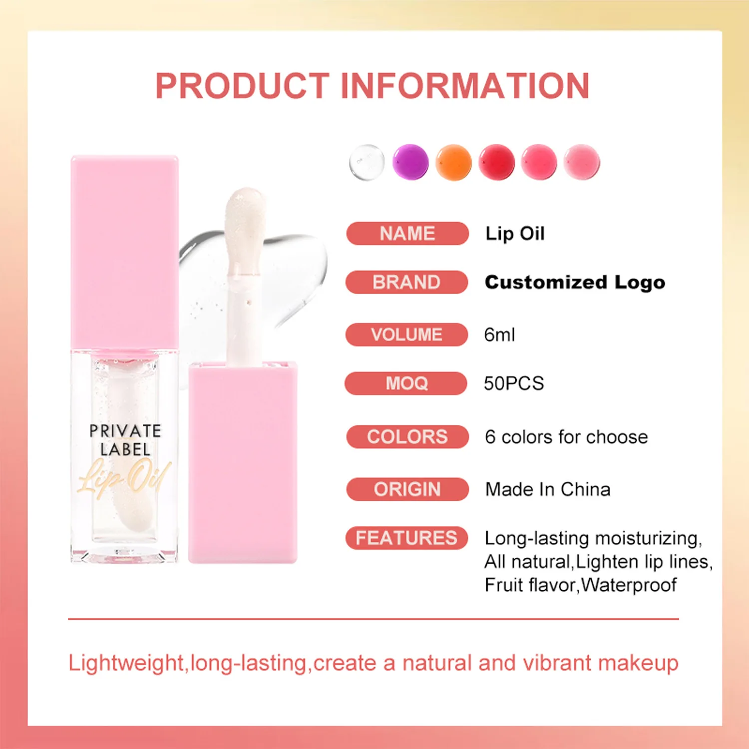 We are an OEM manufacturer of high-quality Private Label Lip Oil. This 6ml vegan formula hydrates, plumps, and protects lips with a non-sticky shine. Available in 6 popular scents. We offer complete customization for your brand.