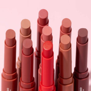 Custom Matte Lipstick in angled nude shade.