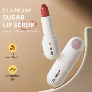 Private Label Lip Scrub stick in use, gently exfoliating lips