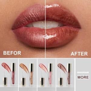 Close-up of glitter particles and glossy finish in lip gloss