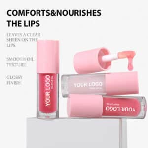 Dropper dispensing clear lip oil, showcasing its lightweight texture