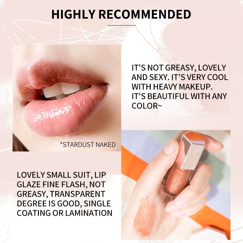 Close-up of diamond-like shimmer particles in custom shiny lip gloss formula