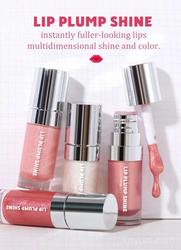 Private label plumping shine lip gloss in sleek tube, featuring multidimensional shine and instant plumping effect for fuller-looking lips.