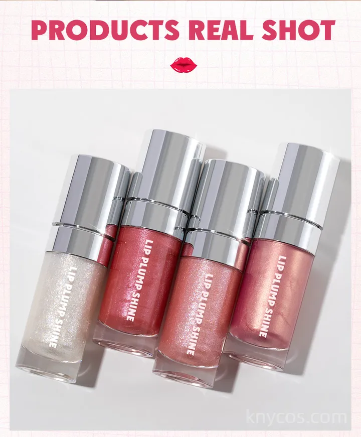 Private label plumping shine lip gloss in sleek tube, featuring multidimensional shine and instant plumping effect for fuller-looking lips.