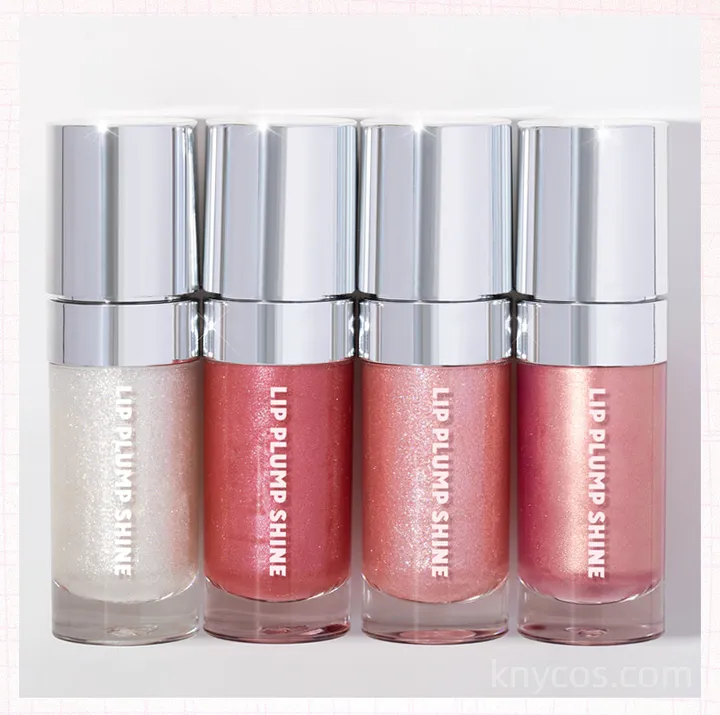Private label plumping shine lip gloss in sleek tube, featuring multidimensional shine and instant plumping effect for fuller-looking lips.