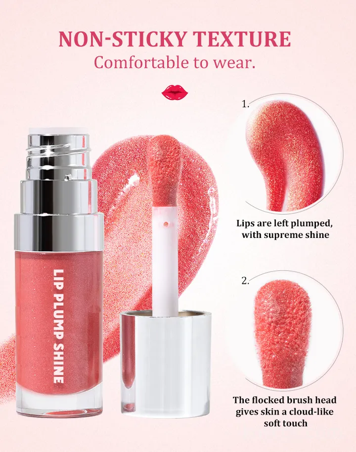 Private label plumping shine lip gloss in sleek tube, featuring multidimensional shine and instant plumping effect for fuller-looking lips.