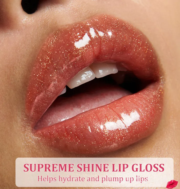 Private label plumping shine lip gloss in sleek tube, featuring multidimensional shine and instant plumping effect for fuller-looking lips.
