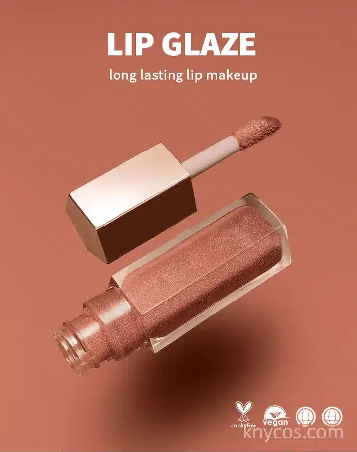 Application of plumping lip gloss using smooth lip brush, showing easy coloring and delicate matte finish with subtle glitter.