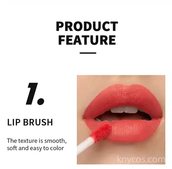 Application of plumping lip gloss using smooth lip brush, showing easy coloring and delicate matte finish with subtle glitter.