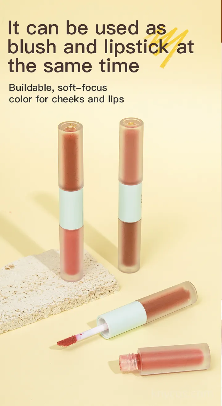 Swatch comparison of matte and shiny liquid blush showing buildable, soft-focus color on cheeks and lips with dewy natural finish.