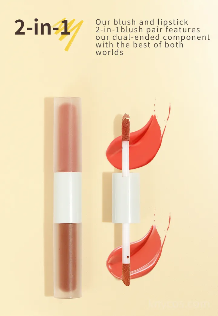 Swatch comparison of matte and shiny liquid blush showing buildable, soft-focus color on cheeks and lips with dewy natural finish.