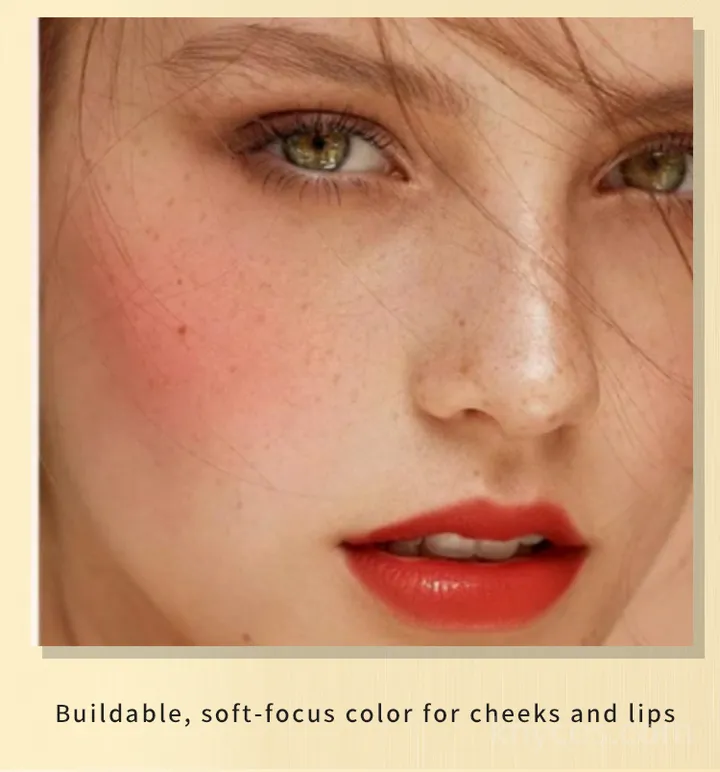 Swatch comparison of matte and shiny liquid blush showing buildable, soft-focus color on cheeks and lips with dewy natural finish.