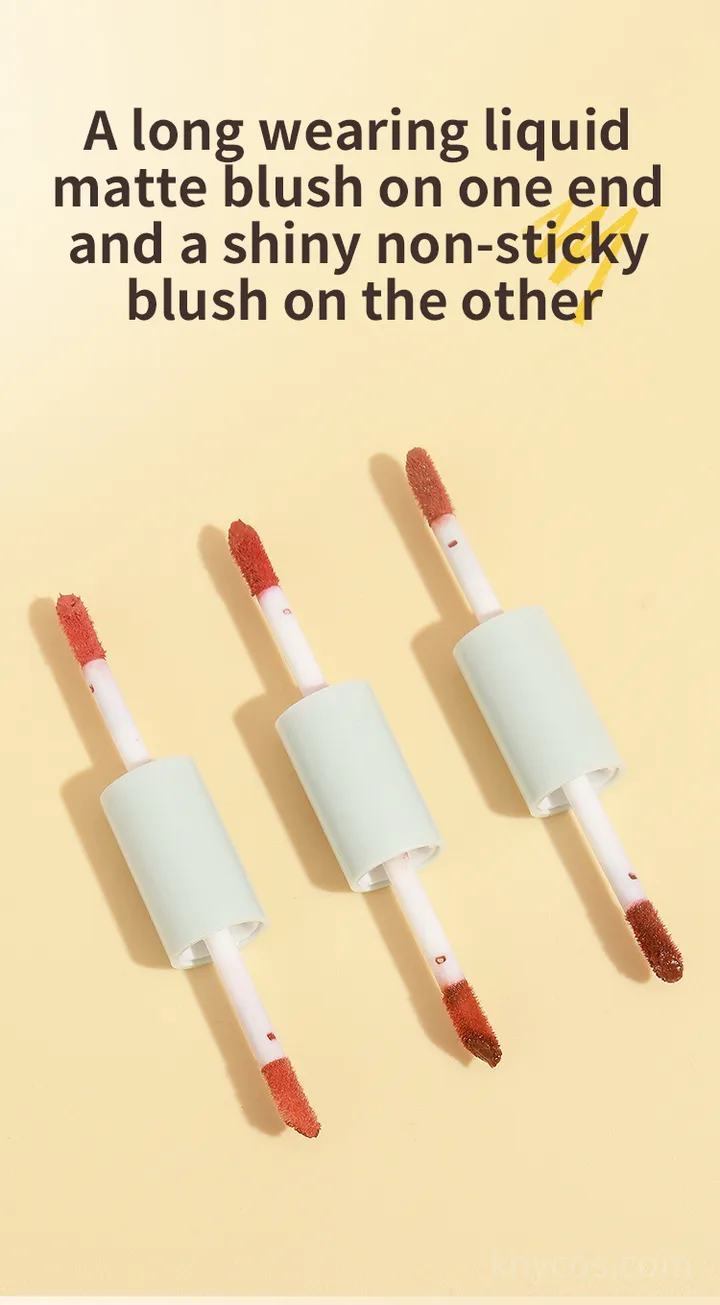 Swatch comparison of matte and shiny liquid blush showing buildable, soft-focus color on cheeks and lips with dewy natural finish.