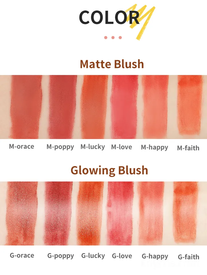 Swatch comparison of matte and shiny liquid blush showing buildable, soft-focus color on cheeks and lips with dewy natural finish.