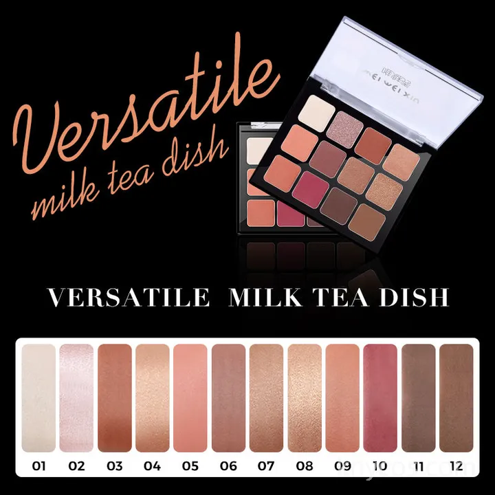 Private label 12-color eyeshadow palette in sleek compact, featuring matte, shimmer, and glitter finishes for versatile eye looks.