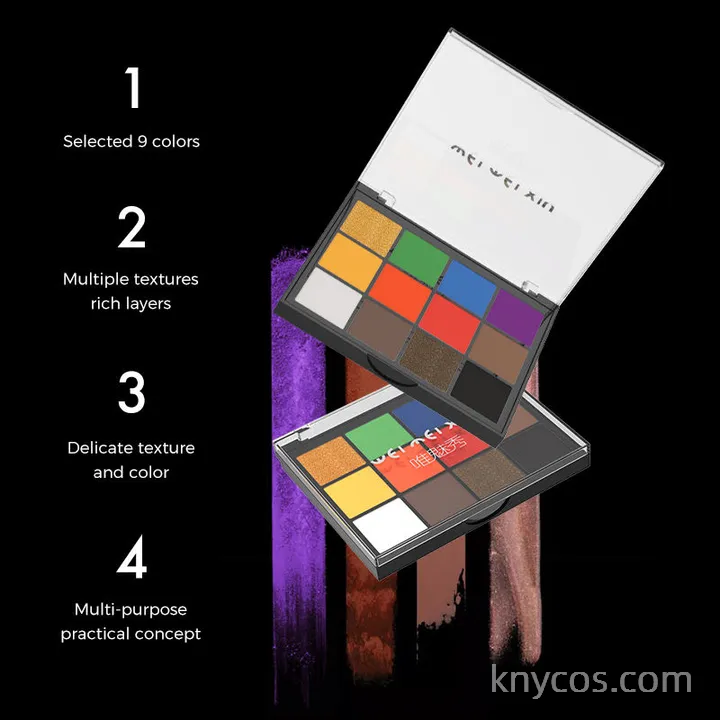 Private label 12-color eyeshadow palette in sleek compact, featuring matte, shimmer, and glitter finishes for versatile eye looks.