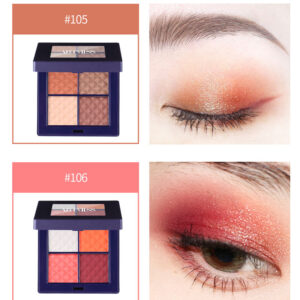 Private label 4-color eyeshadow palette in sleek mini compact, featuring matte, shimmer, and glitter finishes for versatile eye looks.