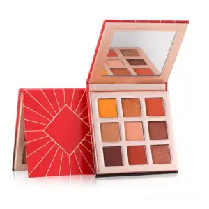Private label 9-color eyeshadow palette in sleek compact, featuring matte, shimmer, and glitter finishes for versatile eye looks.