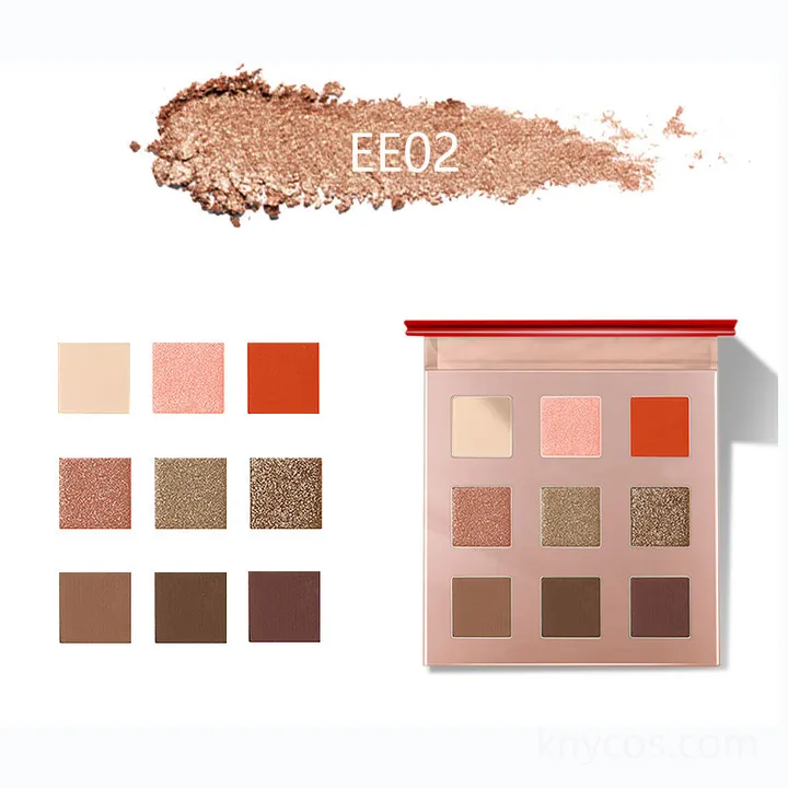 Private label 9-color eyeshadow palette in sleek compact, featuring matte, shimmer, and glitter finishes for versatile eye looks.
