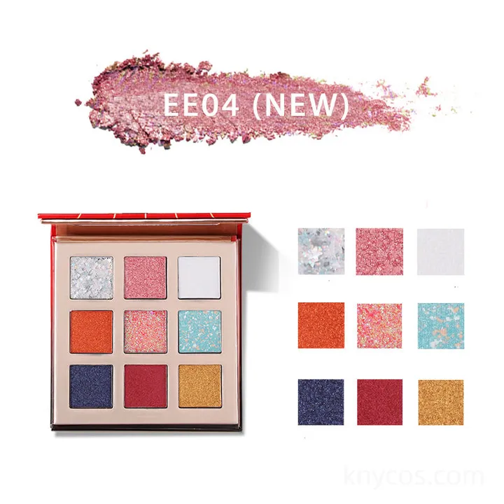 Private label 9-color eyeshadow palette in sleek compact, featuring matte, shimmer, and glitter finishes for versatile eye looks.