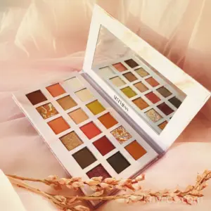 Private label eyeshadow palette with 18 high-pigment shades in matte, shimmer, and glitter finishes for complete eye looks.
