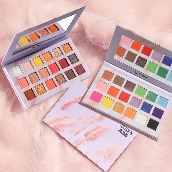 Private label eyeshadow palette with 18 high-pigment shades in matte, shimmer, and glitter finishes for complete eye looks.