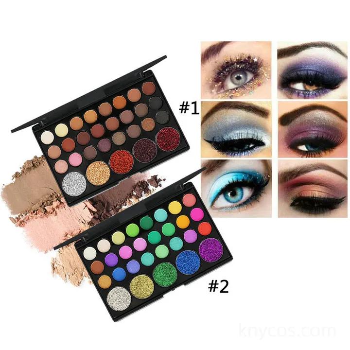 Private label eyeshadow palette 29 colors with high pigment matte, shimmer, and glitter finishes for complete eye looks.