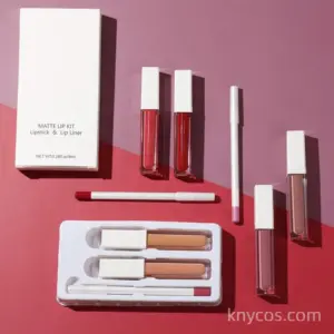Private label lip liner and lip gloss set with 8 vibrant matte shades and a precise lip liner, packaged in a sleek 16.5x8.5cm box for retail display.