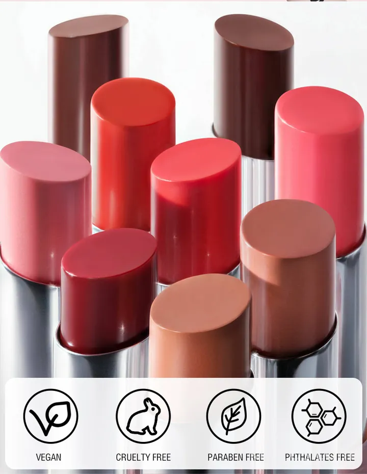 Private label lip stain with 8-hour high-shine finish, featuring plumping and hydrating formula in sleek 3.5g tube.