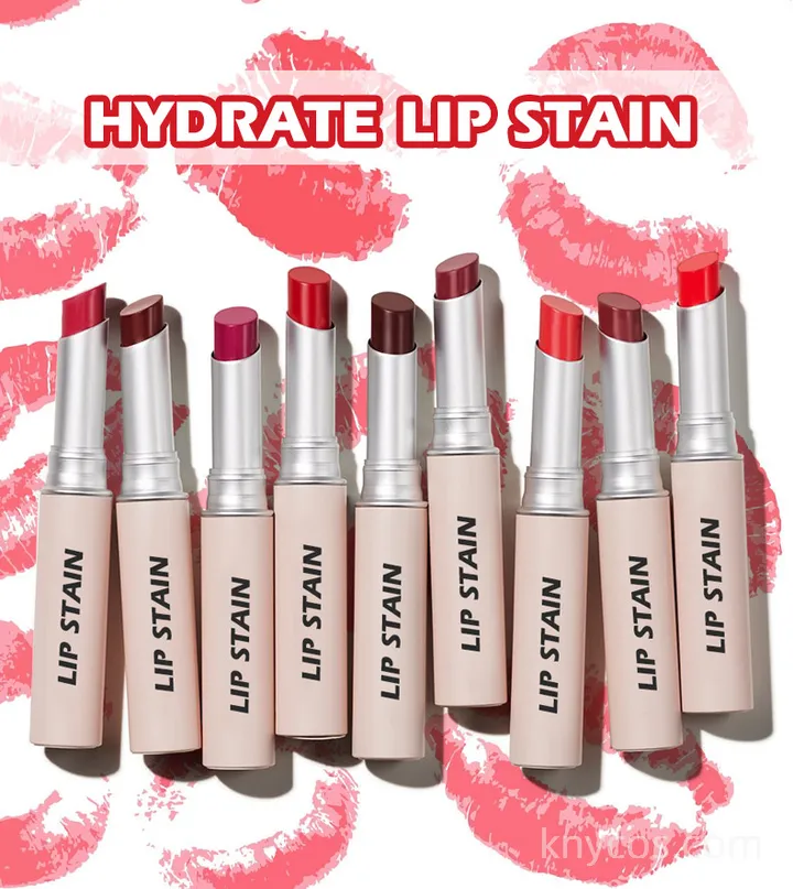 Private label lip stain with 8-hour high-shine finish, featuring plumping and hydrating formula in sleek 3.5g tube.