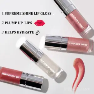 Private label plumping shine lip gloss in sleek tube, featuring multidimensional shine and instant plumping effect for fuller-looking lips.