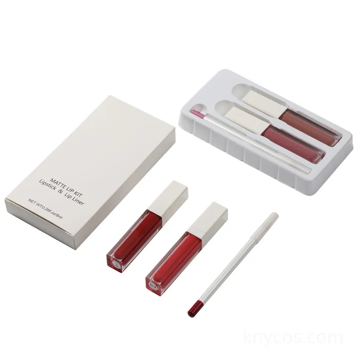 Swatch of waterproof, non-stick cup matte liquid lipstick showing long-lasting, transfer-resistant finish, part of a custom 8-color lip set.