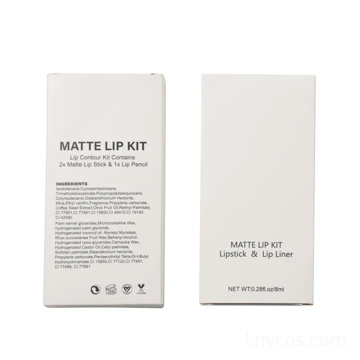 Swatch of waterproof, non-stick cup matte liquid lipstick showing long-lasting, transfer-resistant finish, part of a custom 8-color lip set.