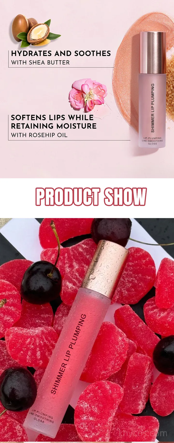 Before and after image for custom lip plumping gloss private label product
