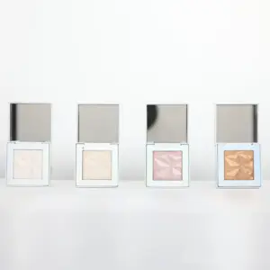 Private label highlighter powder in pearl white shade, single square compact with radiant shimmer finish for face and body.
