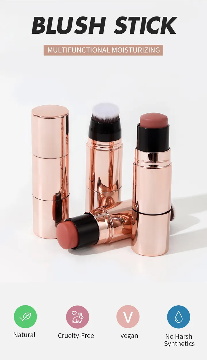 3-in-1 Cream Blush Stick with Brush – Waterproof, Multifunctional for Face, Lips & Eyes, Vegan