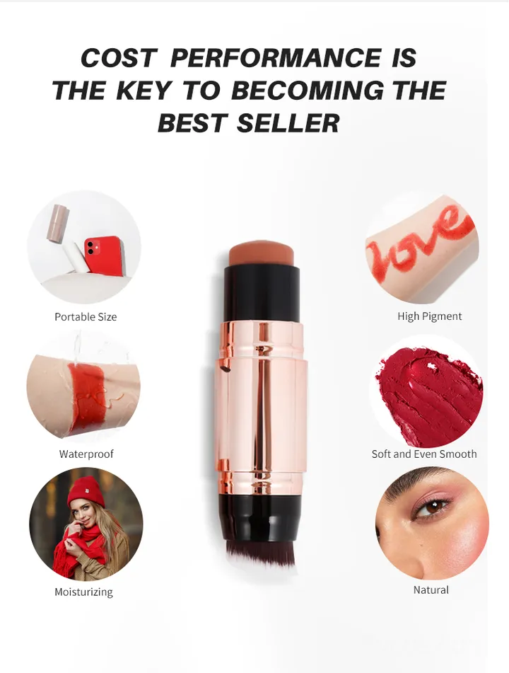 3-in-1 Cream Blush Stick with Brush – Waterproof, Multifunctional for Face, Lips & Eyes, Vegan