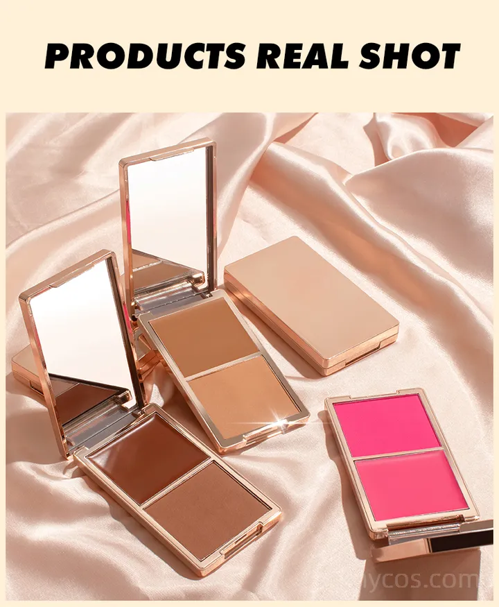 Cream and powder blush palette with dual formula – cream + powder, fully pigmented, buildable coverage