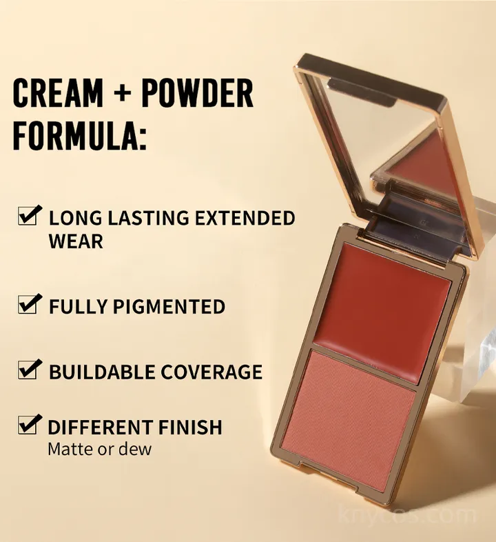 Cream and powder blush palette with dual formula – cream + powder, fully pigmented, buildable coverage