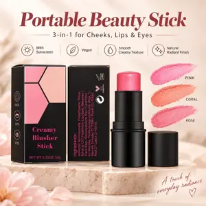 3-Color Multifunctional Blush Stick – 3-in-1 Blush, Lipstick & Eyeshadow with Sunscreen, Vegan
