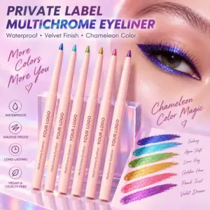 Private label multichrome eyeliner pencil with chameleon color-shift effect. Waterproof, velvet gel, 12H wear. Vegan, MSDS. Custom logo from 1 piece, MOQ 1000.