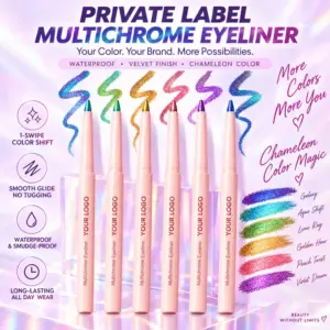 Private label multichrome eyeliner pencil with chameleon color-shift effect. Waterproof, velvet gel, 12H wear. Vegan, MSDS. Custom logo from 1 piece, MOQ 1000.